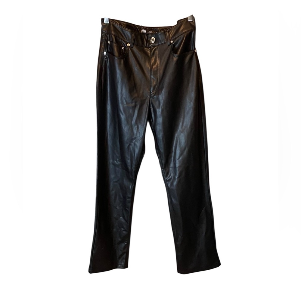 ZARA Black Faux Leather 90s Straight Leg Pants High Rise NWT Medium - Picture 5 of 9